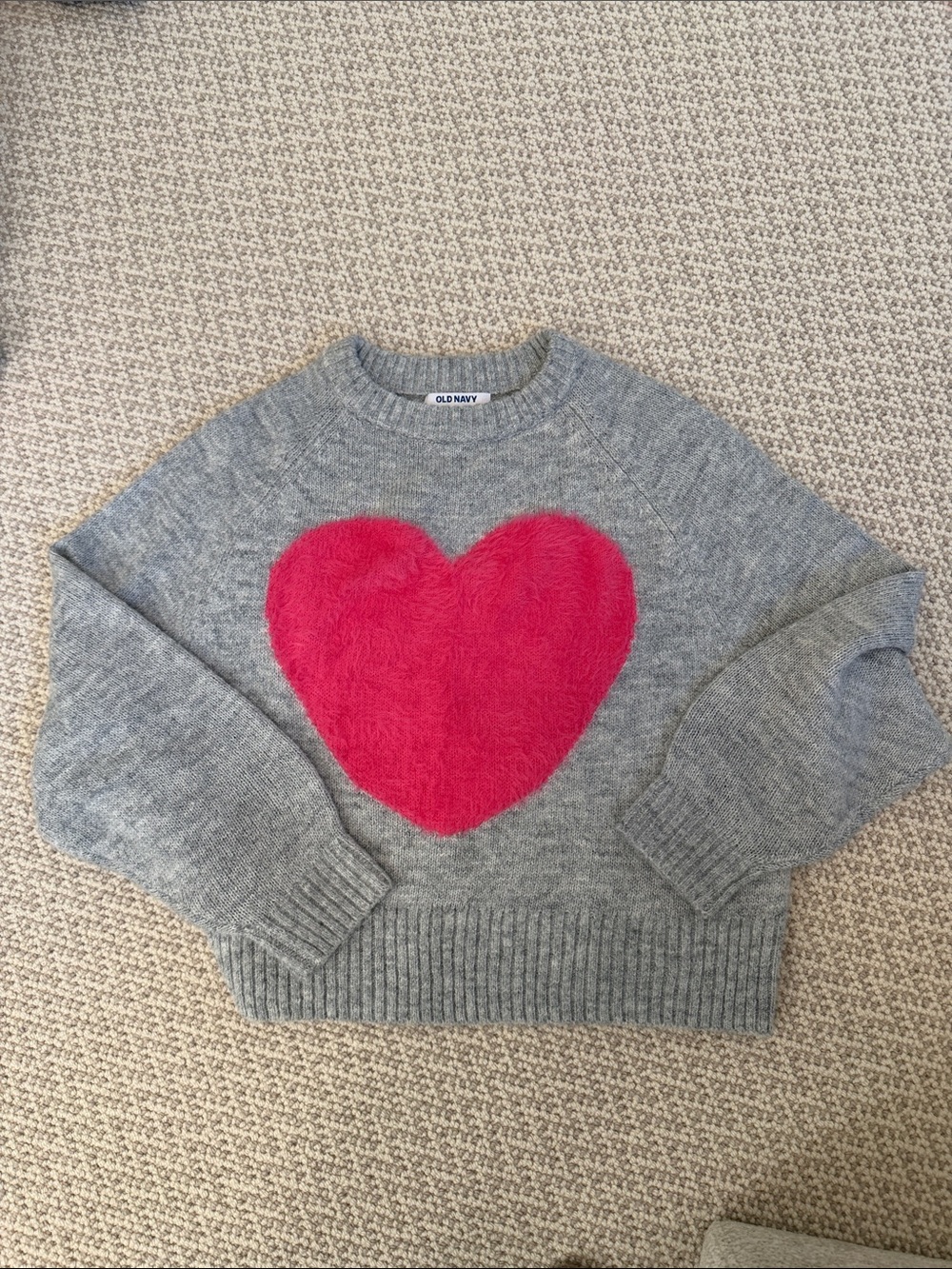 Old Navy Gray Cropped Crewneck Sweater with Hot Pink Fuzzy Heart